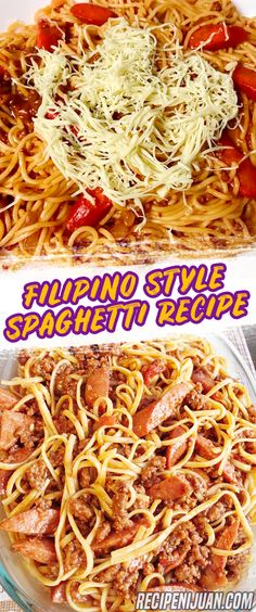 two different types of spaghetti with sauce and meat