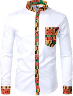 This Men's Black Kente Tribal Embroidered Long Sleeve Button Down Shirt is perfect for any formal or casual event. Featuring 100% breathable cotton fabric and traditional Kente embroidery, it adds a stylish touch to any outfit. Make a statement with this bold shirt. Trendy Look That Provides a Comfortable Slim Fit & Impeccable Style 100% Cotton Blend Size Chest Waist XXS 29 - 31 27 - 29 XS 30 - 32 28 - 30 S 34 - 36 30 - 32 M 38 - 40 32 - 33 L 42 - 44 33 - 34 XL 46 - 48 36 - 38 2XL 48 - 50 40 - 42 3XL 50 - 52 44 - 48 Dashiki Shirt Mens, African Dashiki Shirt, Dashiki Shirt, African Wear Styles For Men, Mandarin Collar Shirt, Latest African Men Fashion, African Shirts For Men, Printed Shirts Men, African Dashiki