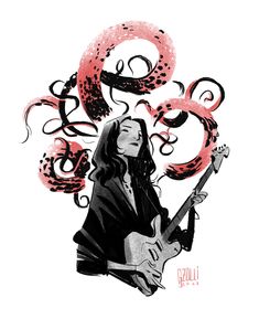 a drawing of a woman playing an electric guitar with octopus tentacles coming out of her head