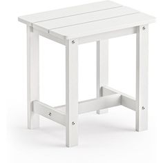 a small white wooden table with one leg up and the other side down, on a white background