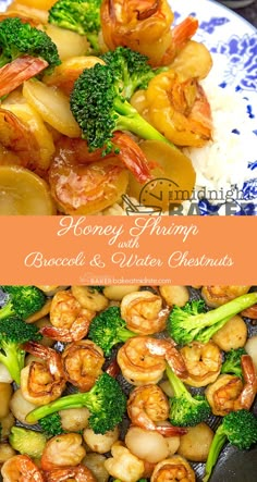 broccoli, shrimp and water chestnuts are served on a plate with rice