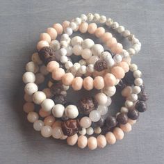 Mala Buddha Bracelet | Peach Stacking Bracelet | Cocoa Boho Bracelet… Buddha Bracelets, Boho Bracelets, Bracelet Stack, Cocoa, Pearl Necklace, Trending Outfits