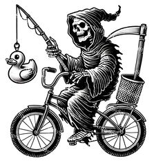 a skeleton riding a bike while holding a fishing pole