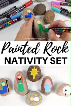 rocks painted with different colors and shapes to look like nativitys