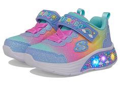 SKECHERS KIDS My Dreamers 303157N (Toddler) - Girl's Shoes : Light Blue/Multi : Complement your little one's cute and playful look with the SKECHERS KIDS My Dreamers 303157N Sneakers which highlight a striking mix of lights and colors. Displaying a sky-themed design, the shoes come with a glitter mesh and synthetic upper paired with a polyester lining and a removable cushioned insole. Stretch laces and adjustable hook-and-loop instep strap for a secure fit. Pull tab on the collar for easy on and off. Round toe. Shock-absorbing, cushioned light-up midsole. Flexible traction EVA outsole. Imported. Snikers Shoes For Kids, Light Up Shoes Kids, Kids Kawaii Shoes, Led Shoes For Kids, Shoes Light Blue, Mesh Lighting, Light Sneakers, Skechers Kids, Pastel Sunset