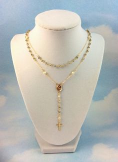 Labradorite Rosary Necklace Multi Strand 14kt Gold  Filled Silver Cross Necklace Woman, Rosary Necklaces, 14kt Gold Jewelry, Cross Necklace Women, Peace Necklace, Gold Rosary, Cross Necklaces, Pearl Rosary, Double Chain Necklace