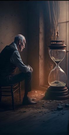 an old man sitting in a chair next to an hourglass