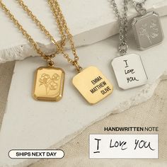 "Our Engraved Birth Flower Necklace can be engraved with initials, words, or short messages for the perfect gift for your loved ones! Materials & Finish: * High Quality 316L Stainless Steel * 18k Gold, Silver We use a THICK PLATING for a piece that will be in your jewelry box for years to come! Size Specs: * Square Birth Flower Pendant Dimentions : 16mm x 13mm x 2mm * Necklace comes with 2\" extender so you can FINE TUNE the fit. We can remove or adjust the length of the extender. Please make a Numbers Words, Flower Necklace Gold, Birth Flower Necklace, Silver Flower Necklace, Simple Gift Wrapping, Short Messages, Birth Month Flowers, Jewelry Christmas, Personalized Gifts For Her