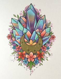 a drawing of a diamond surrounded by flowers