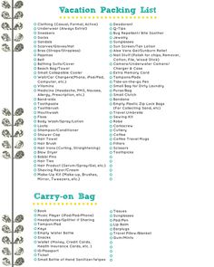 the packing list is shown in green and yellow