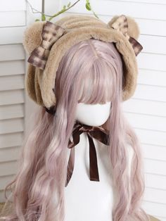 ❤Lolita Brown Bear Check Ribbon Velvet Earmuff Hat❤︎ Pink Cat Ears Hat For Winter, Pink Winter Hat With Cat Ears, Winter Bonnet With Ears, Winter Cat Ears Hat With Ears Detail, Dance Costumes Hip Hop, Dance Costumes Ballroom, One Piece Jumper, Ear Cap, Japanese Sweet