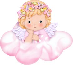 a little angel sitting on top of a cloud with flowers in her hair and wings