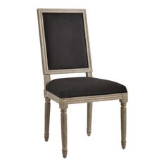 an upholstered wooden chair with black fabric