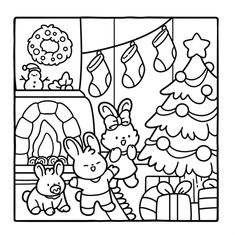 a coloring page with christmas decorations and animals in the background, including presents for children