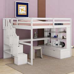 a white loft bed with stairs and desk underneath it in a purple walled room next to a staircase