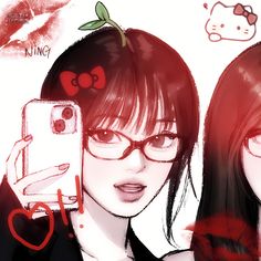 two girls with glasses are holding up their cell phones