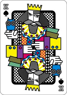 the king of spades playing card is shown in black and white, with colorful designs on