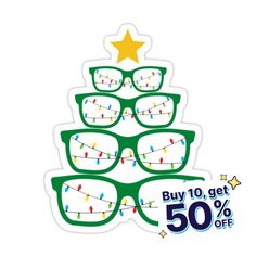 a christmas tree with glasses on it and the words buy 10 get 50 % off