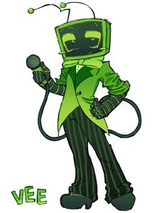 a cartoon character dressed in green and black striped pants, holding a microphone with the words vee on it