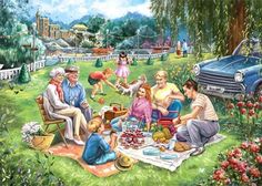 a group of people sitting around a picnic table