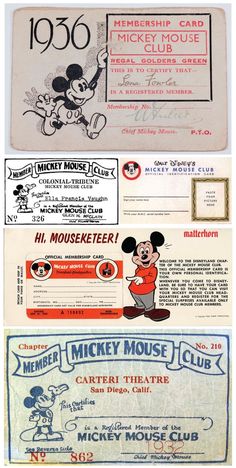 an old mickey mouse ticket from the 1950's is shown in three different colors