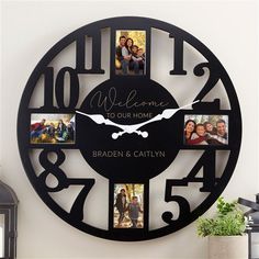 a clock that has pictures on it with the words welcome to our home and family