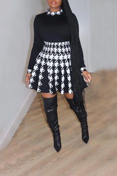 Trendy Houndstooth Print Bodice Pleated Skirt Set Long Sleeve Knit Top, Houndstooth Skirt, Classy Casual Outfits, Mode Inspo, Long Sleeve Knit Tops, Trendy Style, Fall Fashion Outfits, Fashion Wear, Stylish Girl