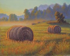 a painting of hay bales in a field