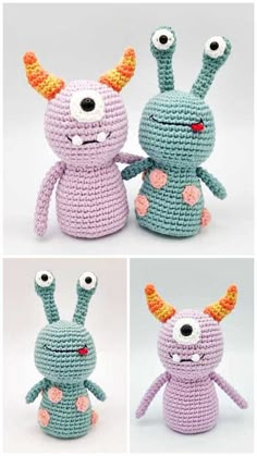 three crocheted stuffed animals are shown in four different poses, one is blue and the other is pink