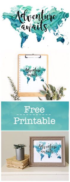 the free printable adventure awaits poster is displayed in front of an easel