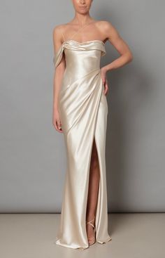 Elise Dress in Champagne | Over The Moon Wedding Gowns Satin Classy, Silk Long Dress Outfit, Satin Designer Dress, Silk Reception Dress, Satin Reception Dress, Pearl Satin Dress, Off White Satin Dress, Satin Gold Dress, Simple Satin Dress