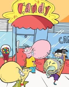 cartoon characters in front of a candy store