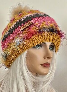 Hand Knits 2 Love Slouch Hat Beanie Cap Fair-isle Faux Fur Pom Pom Designer Hip | eBay Slouchy Hat Crochet Pattern, Knitted Slouch Hat, Slouch Beanie Hats, Loc Inspiration, Hand Knits, Knitted Beret, Knit Art, Crochet Bucket Hat, Slouch Beanie