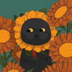 a black cat surrounded by sunflowers on a green background