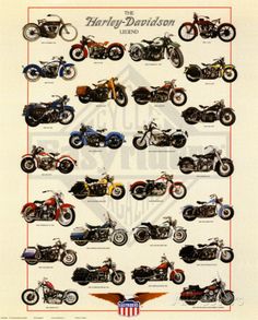 the harley davidson motorcycles are shown in this poster, which shows all their colors and sizes