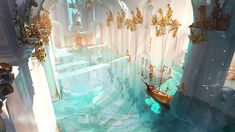 an artistic rendering of a ship in the middle of a room with blue water and gold decorations