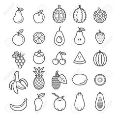 a set of fruit icons in black and white, including bananas, apples, pears, oranges, grapes, watermelon, raspberries