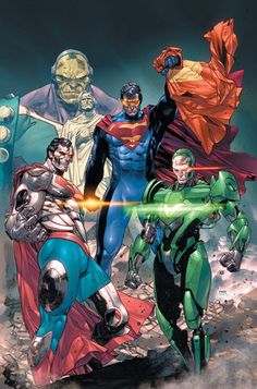 the cover to action comics, featuring superman and other superheros in front of an image of