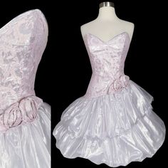 Vintage 80s Strapless Metallic Lam Foil White Tulle Net Pink Lace Tiered Full Skirt Prom Party Dress Xxs * Strapless Boned Lined Bodice * Sweetheart Neckline * Light Peachy Pink Lace Over Silver * Rosettes At Drop Waist Left Hip * Center Back Zipper * White Tulle Net Over Metallic Silver Skirt * Two Tiered Full Ruffle Skirt * Lining Under Skirt More Narrow * Approx Knee Length Designer: Nadine Made In Usa! Ilgwu Rwb Label Vintage Size Label: 5 Fits Smaller. Go By Measurements. Fabric Label: No Label As Is Imperfect Condition: More Narrow Lining Than Full Tiers. Pulled Up In Photos. Name Written On Back Of Care Label. Small Split In Tulle. Underarm Yellow- Mostly Lining Not Seen. S 80s Prom Dress, 80s Prom, Silver Skirt, Pretty Quinceanera Dresses, Party Kleidung, Pretty Prom Dresses, Retro Clothing, Large Dress, Cocktail Party Dress