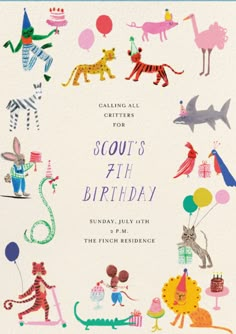 a birthday card with an image of children's party animals and balloons on it