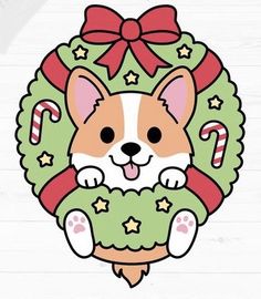 a corgi with a wreath and candy canes on it