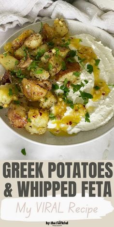 greek potatoes and whipped feta in a white bowl with text overlay that reads, greek potatoes and whipped feta my virtual recipe