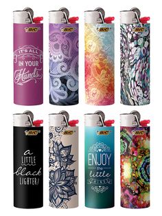 six different colored flasks with the words enjoy life written on them