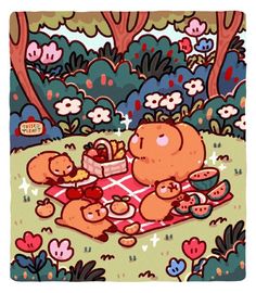 an image of a cartoon bear picnicking with her two babies in the park on a blanket