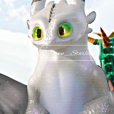 a white dragon with green eyes standing in front of an image of a man and woman