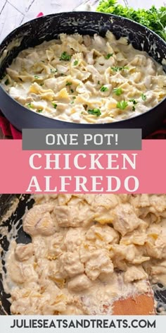 one pot chicken alfredo in a skillet with parsley on the side and text overlay that reads, one pot chicken alfredo