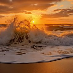 the sun is setting over an ocean with waves crashing in front of it and some clouds