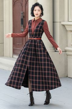 Fit and flare plaid pinafore wool dress women 5354 Elegant Plaid Midi-length Dress, Fitted A-line Plaid Dress For Fall, Fall A-line Tweed Dress, Elegant Plaid Midi Dress, Elegant Midi-length Plaid Dress, Elegant Plaid Dress For Work, Elegant Plaid Formal Dress, Classic Knee-length Plaid Dress, Chic Midi-length Plaid Dress For Fall