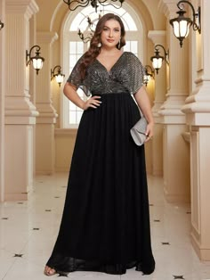 Black  Collar Short Sleeve Sequins Colorblock A Line Embellished Slight Stretch  Weddings & Events Plus Size Wedding Dresses Guest, Black Dresses For Wedding Guest, Plus Size Dresses To Wear To A Wedding, Plus Size Black Tie Event Dresses, Black Evening Dresses Plus Size, Classy Evening Dresses, Gown For Graduation, Wedding Guest Gown, Black Tie Event Dresses