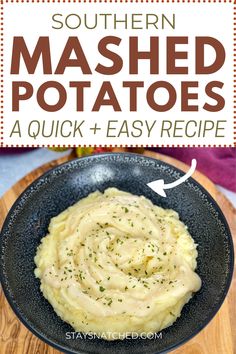 mashed potatoes in a black bowl on a wooden cutting board with text overlay